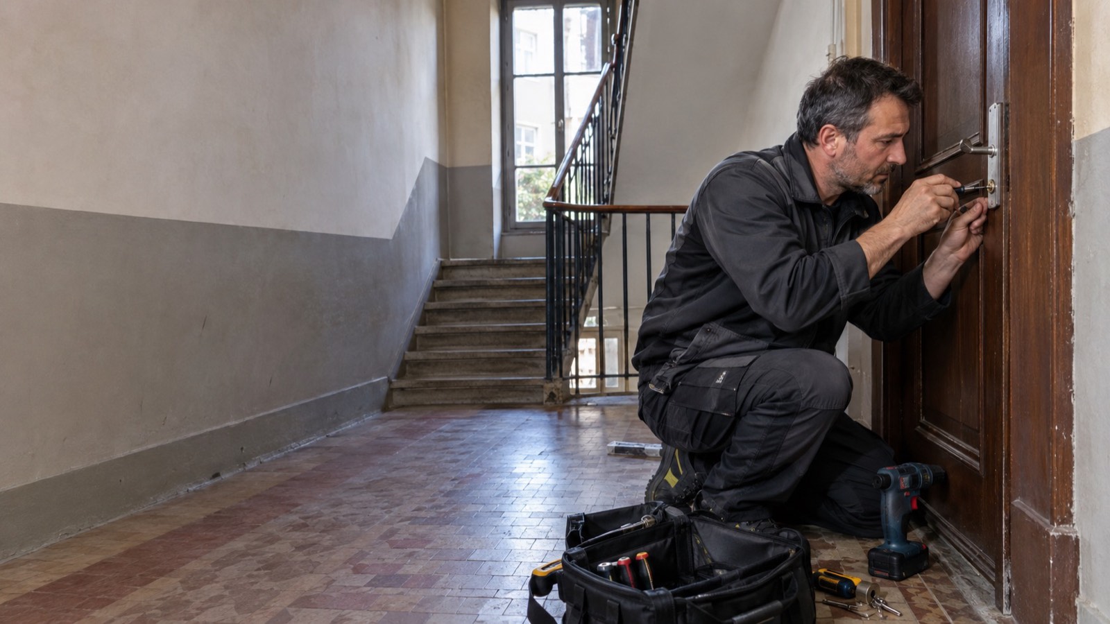 Serrurier en intervention sur la serrure d'une porte d'appartement